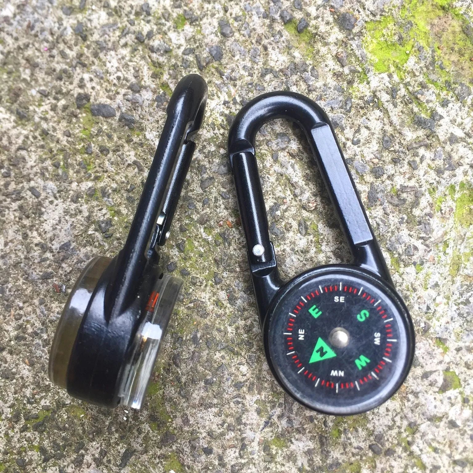 Black army green rose gold zinc alloy carabiner with thermometer and compass, showing double-sided climbing button.