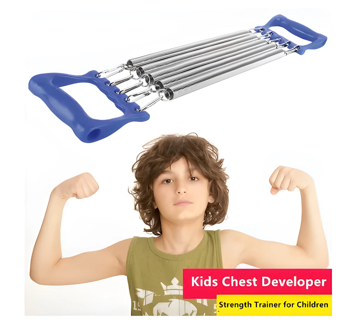 Chest expander training exercise equipment with carbon spring and ABS plastic frame, displayed in blue colour