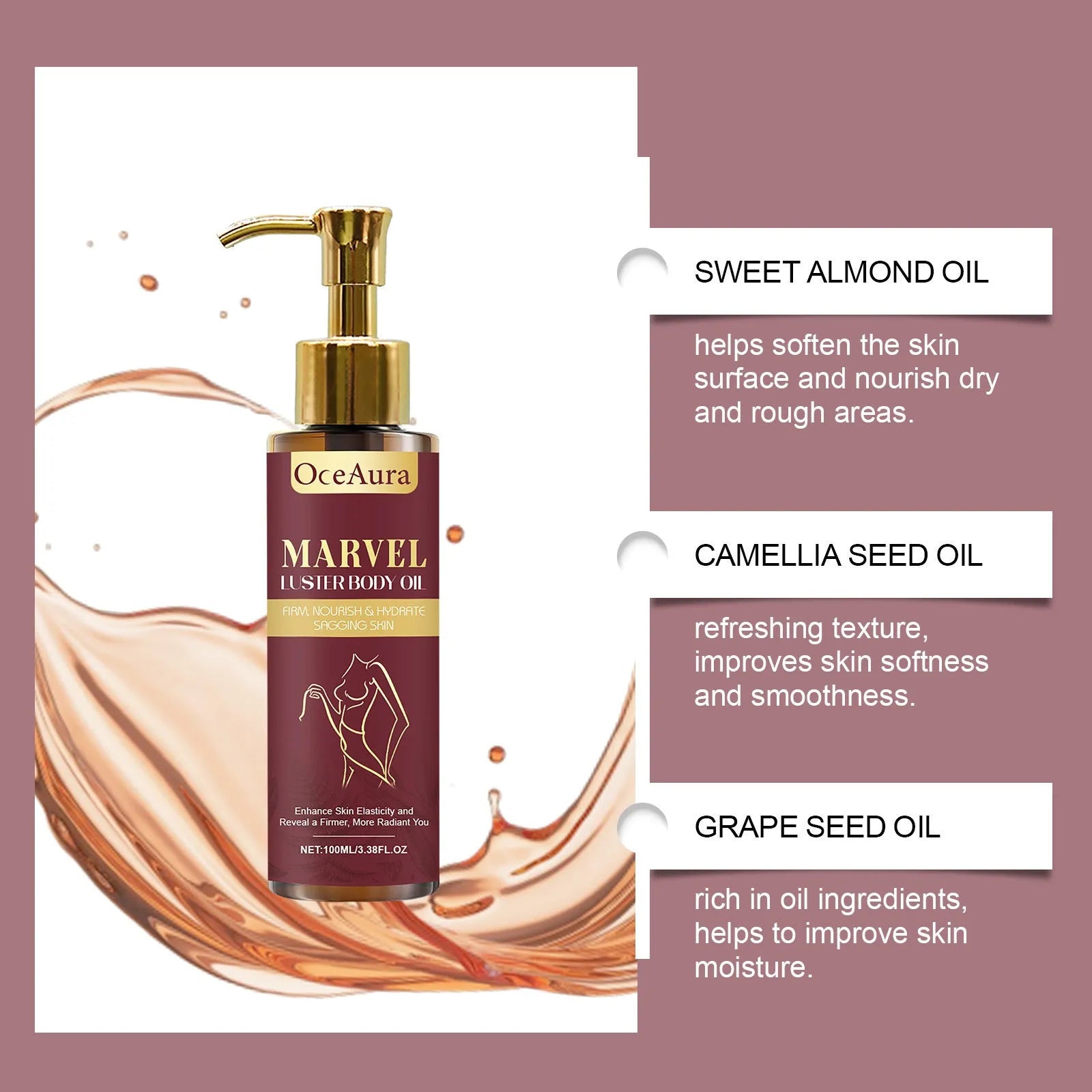 Gloss Care Body Massage Oil 100ml bottle with natural oils including jojoba, almond, camellia and grape seed