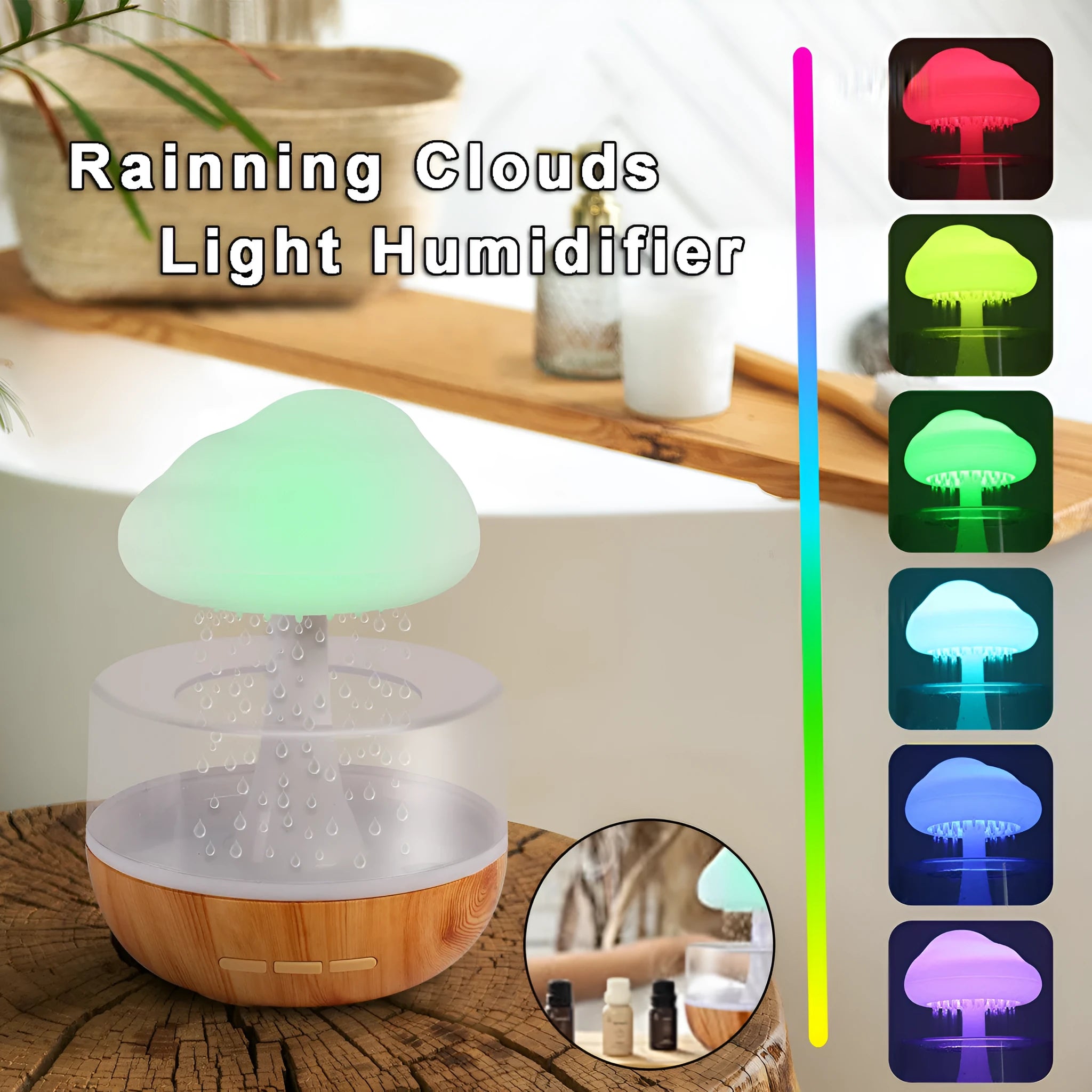 White cloud-shaped humidifier with LED night light and water droplet effect on a table.