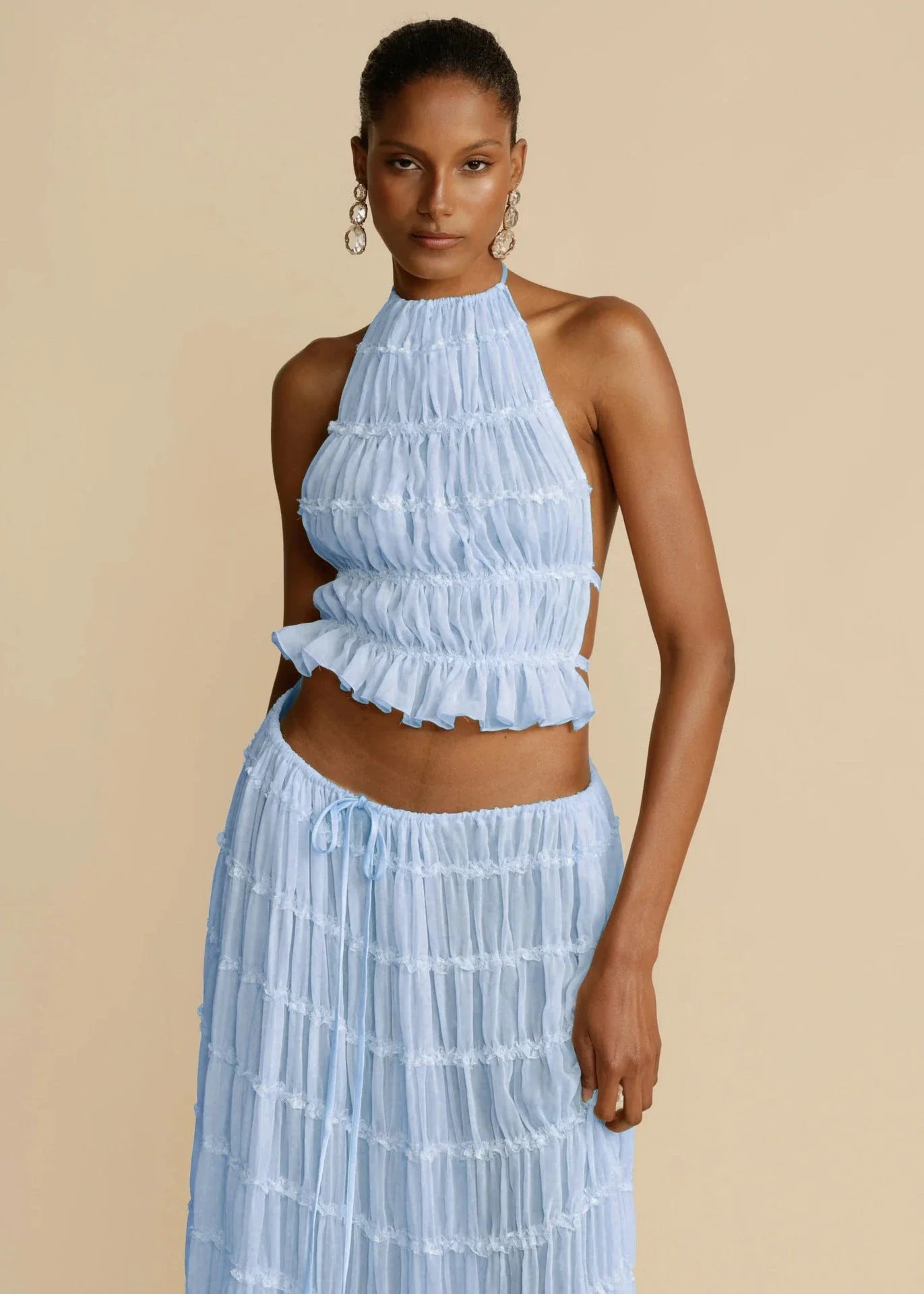 Sleeveless backless cropped halter top and pleated maxi dress set in various colors