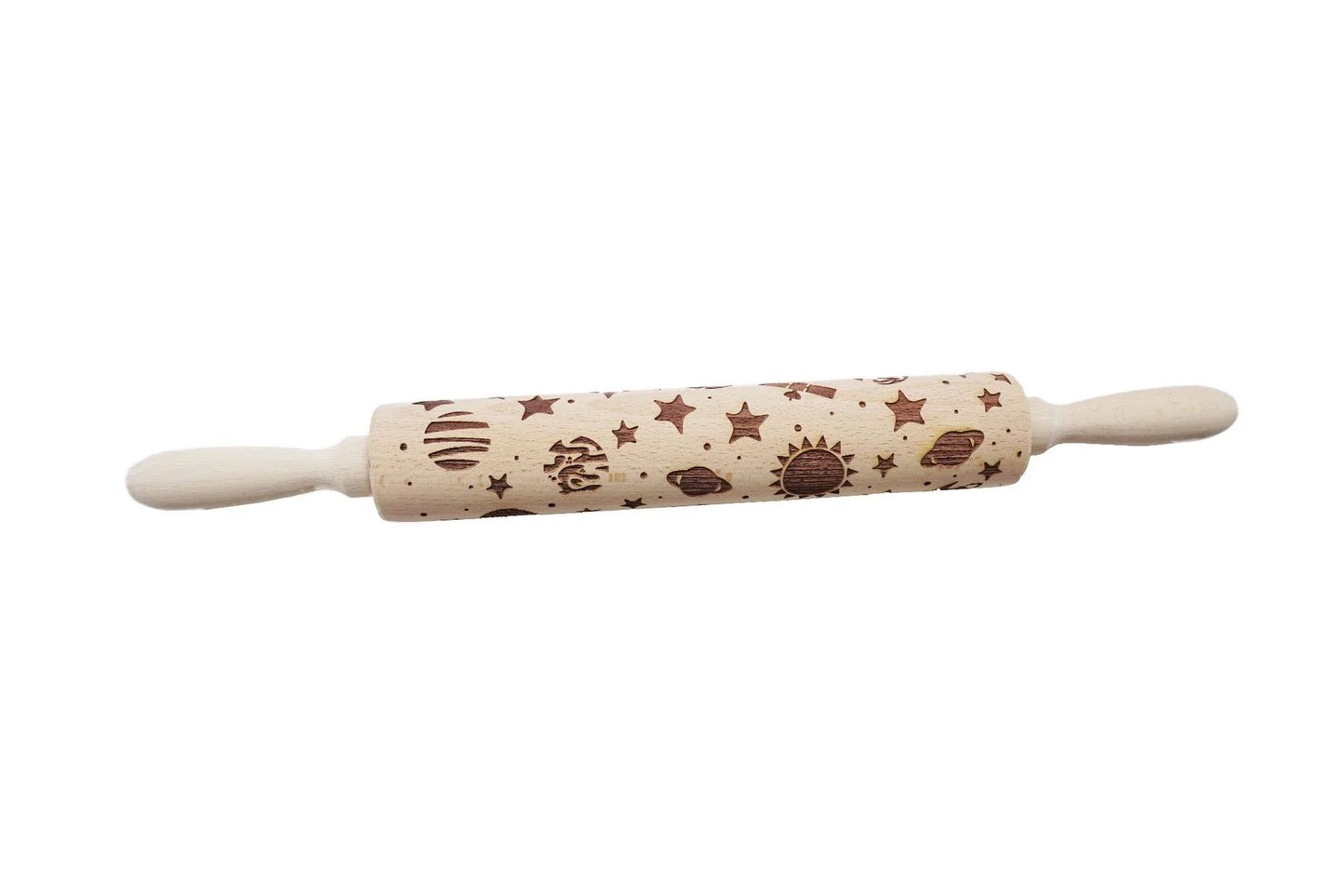 Personalized Christmas rolling pin with a variety of embossed holiday designs, including snowflakes, reindeer, and Merry Christmas patterns