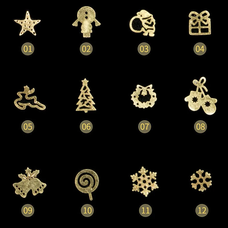 Gold metal Christmas nail art charms, 120 pieces in a box for festive manicures