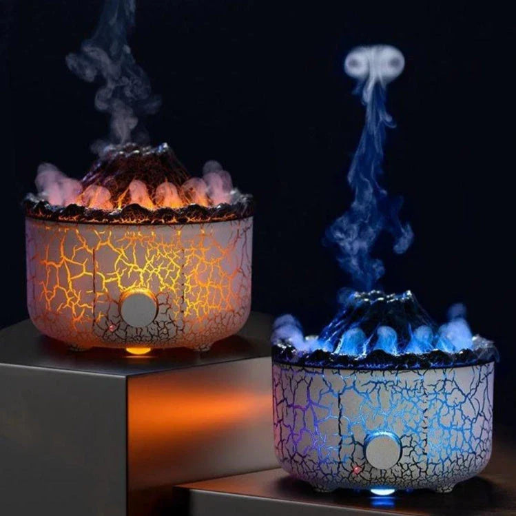 Stunning volcano-inspired humidifier with colorful LED lighting, creating a mesmerizing mist display for relaxing aromatherapy