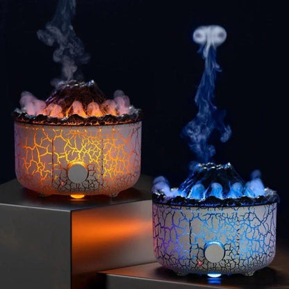 Stunning volcano-inspired humidifier with colorful LED lighting, creating a mesmerizing mist display for relaxing aromatherapy