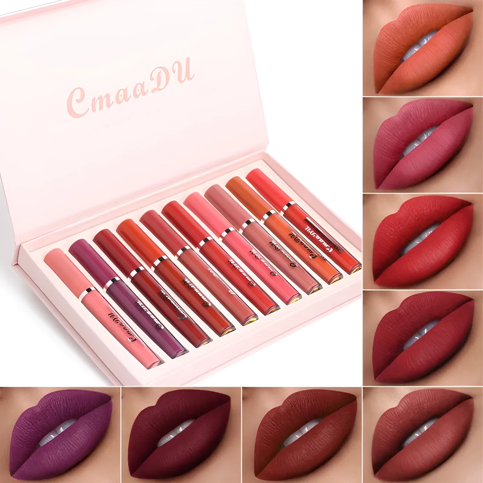 Package containing ten sticks of women's matte non-stick cup lipstick in assorted shades.