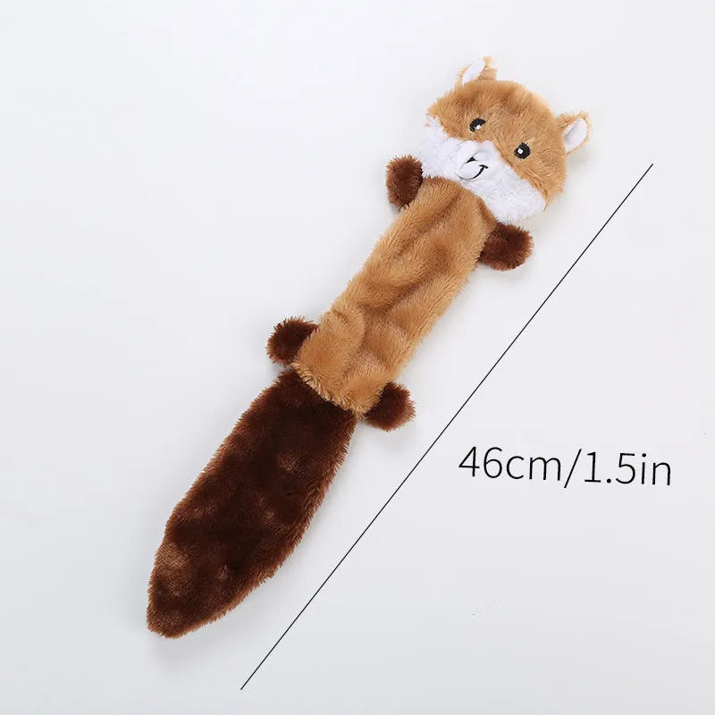 Soft plush dog toy with squeaker in multiple colours including brown, carrot orange, grey, patterned, and yellow options.