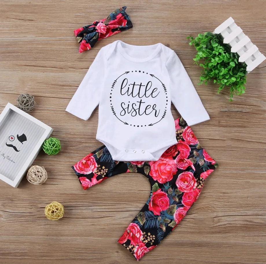 Girls' autumn three-piece cotton set with long-sleeved top, bottoms and hair band in floral and letter print, sizes 70cm to 100cm