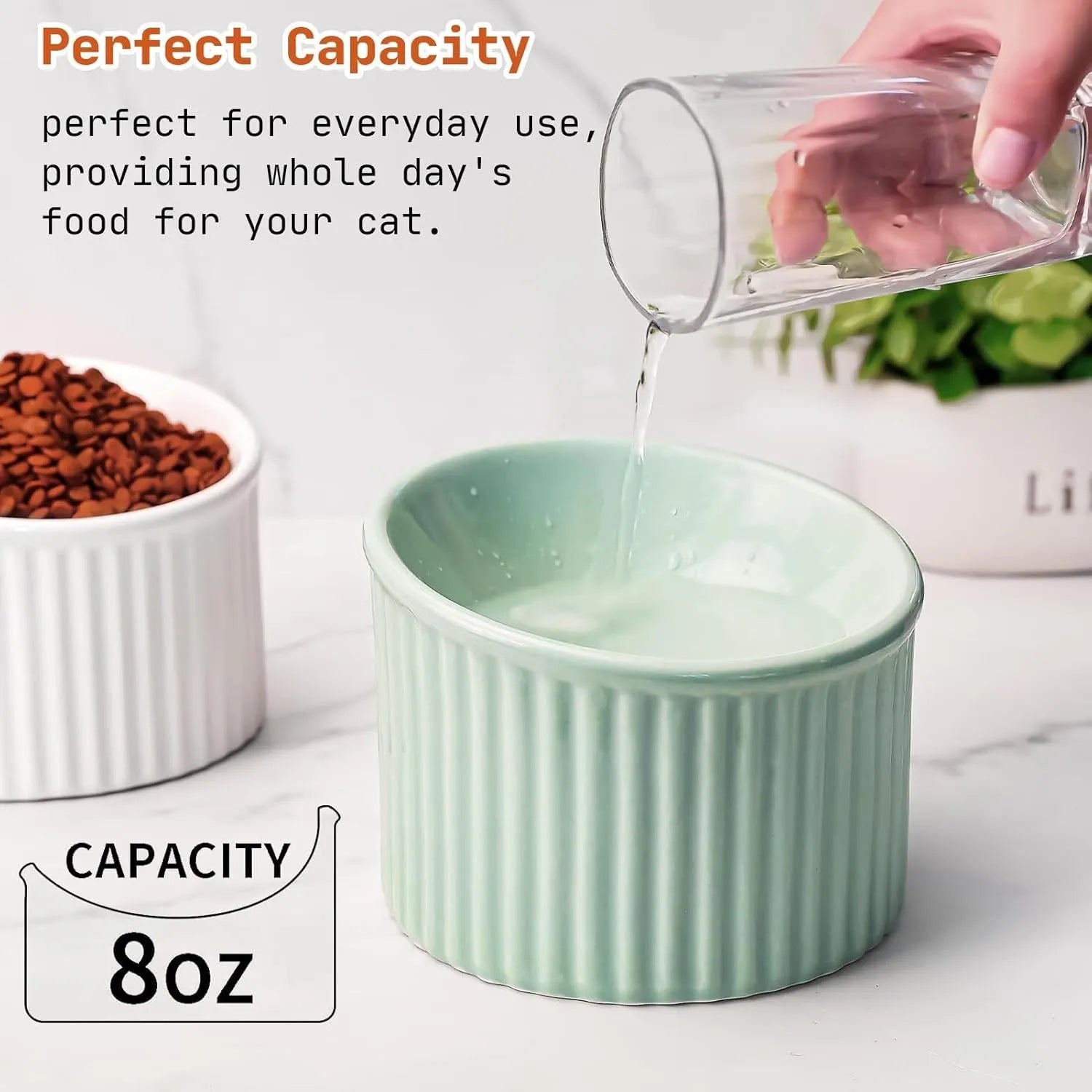 Elevated ceramic cat bowl in green colour with round shape and tilted design for whisker-friendly feeding