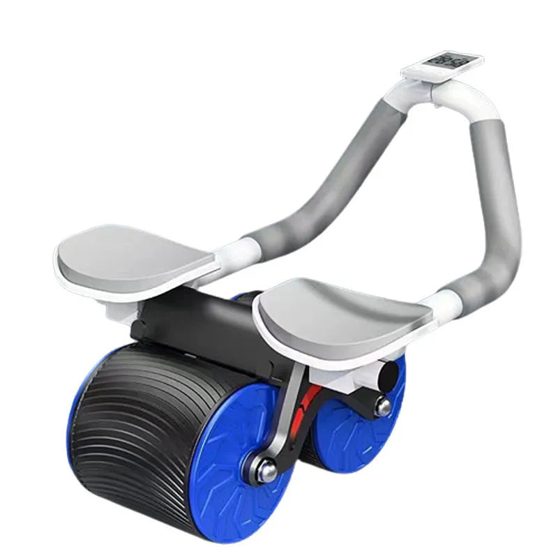 Black abdominal exercise wheel with automatic rebound mechanism next to red and black NBR yoga mat