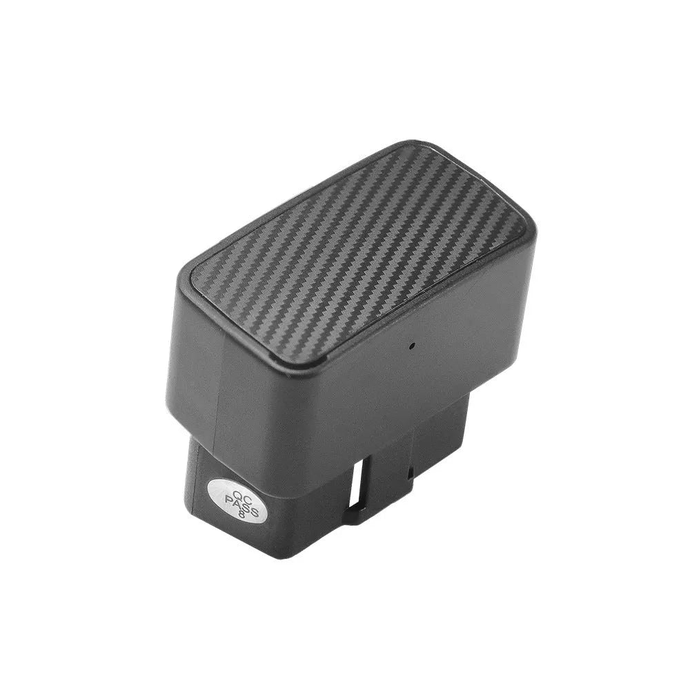 Black car OBD GPS locator with quad positioning (GPS, BeiDou, Wi-Fi, LBS) and IPX-6 waterproof rating, shown plugged into a vehicle OBD port