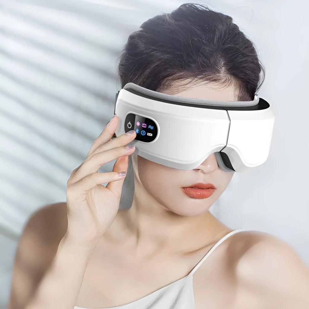 White eye massager with air pressure, hot compress, and vibration functions, USB-powered, with Bluetooth music