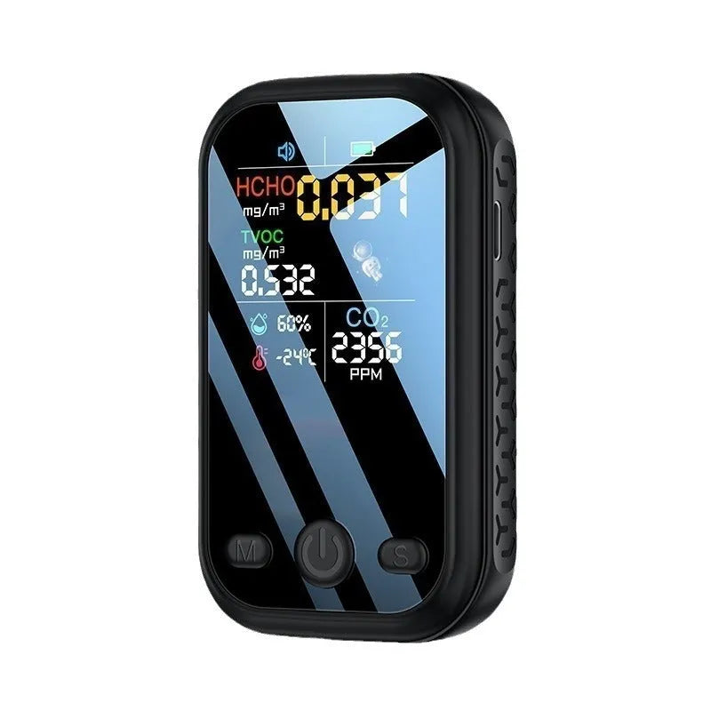 Handheld portable air quality detector with temperature and humidity display, black, 85x51x17mm