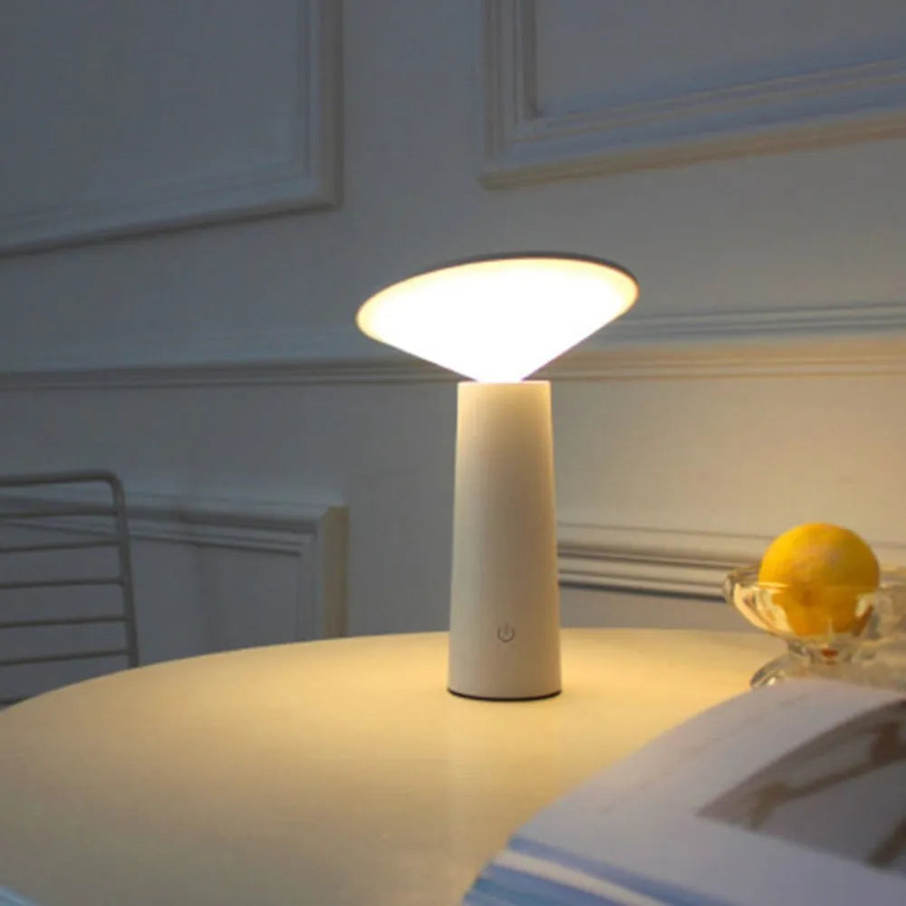 Black or white USB rechargeable LED desk lamp with touch sensor and adjustable lamp head.