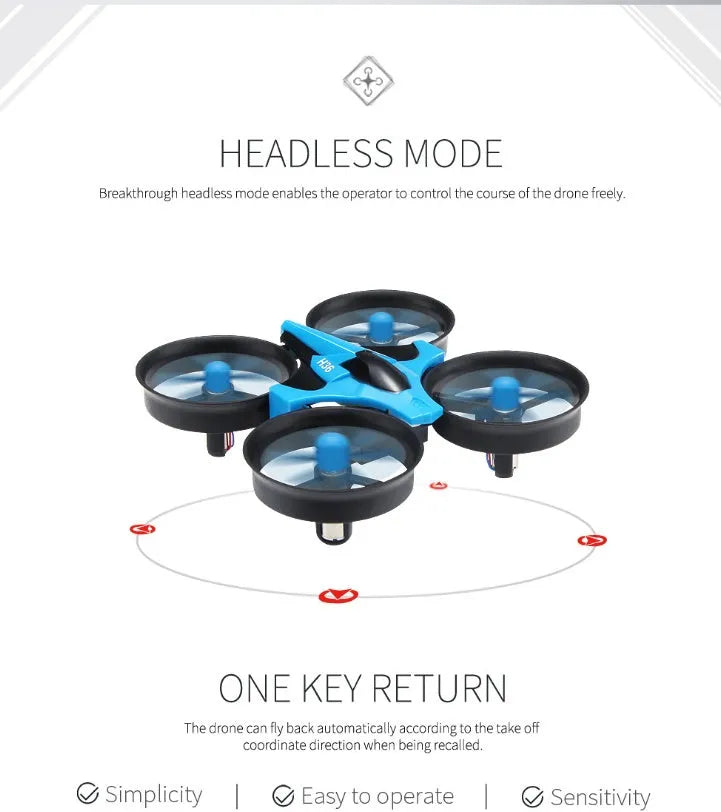 JJRC H36 mini drone in blue and grey with protective fan blades and remote control