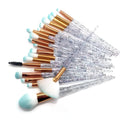 20-piece makeup brush set with 16cm plastic handles, 3cm artificial fibre bristles, shown in assorted colours.