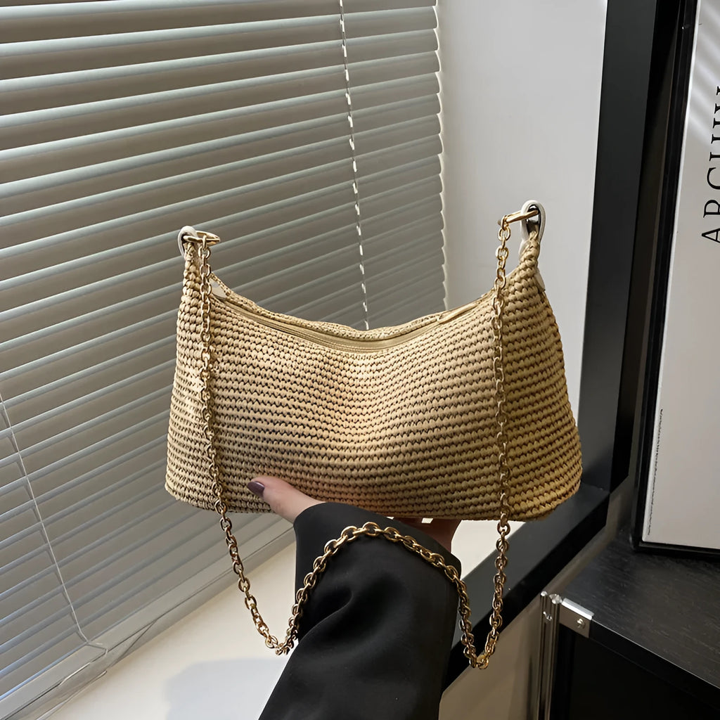 Horizontal square straw woven beach tote bag with sandwich pocket and internal phone compartment