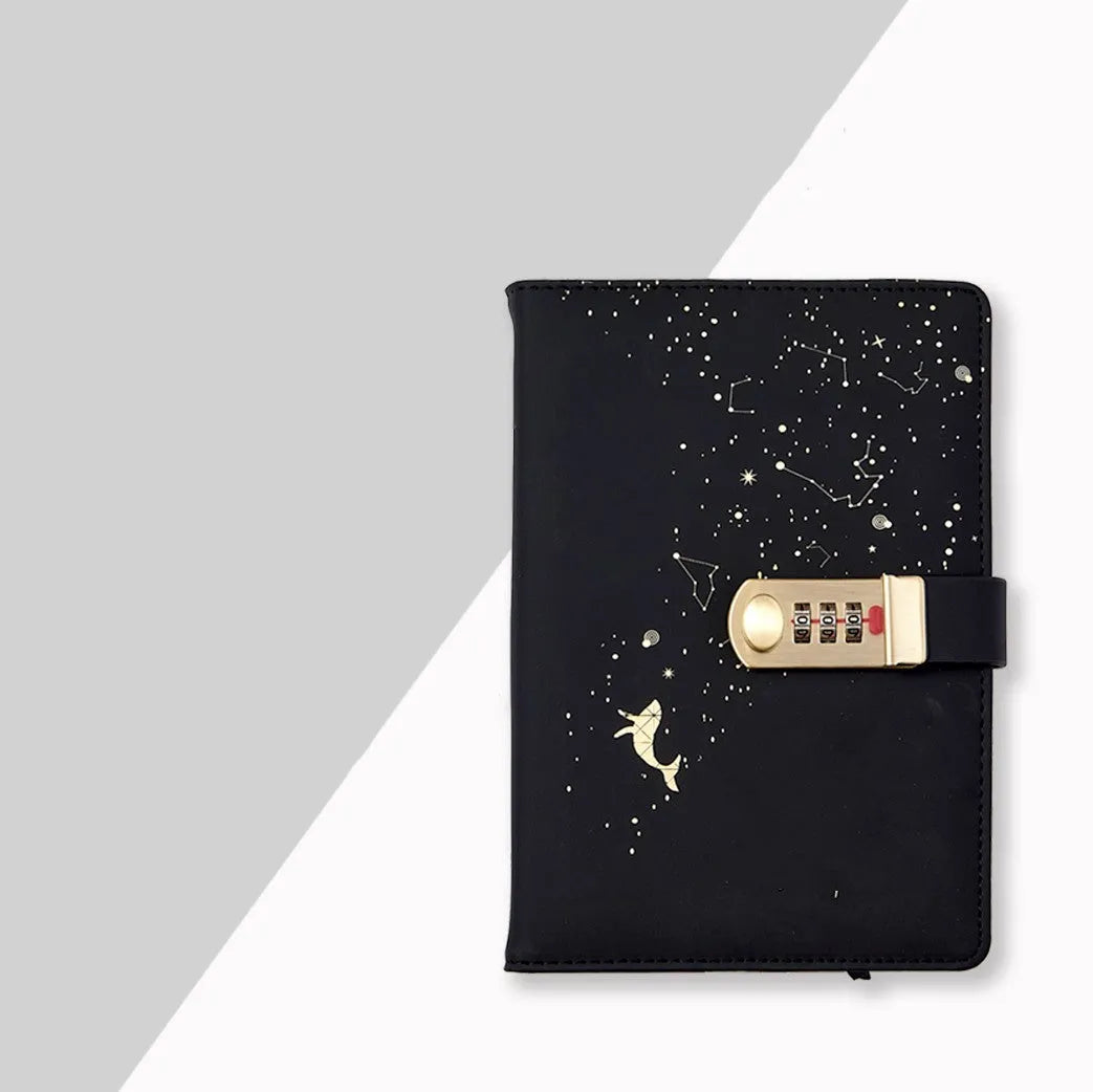A5 password book diary with fingerprint lock, imitation leather hard cover, open to show 100 pages