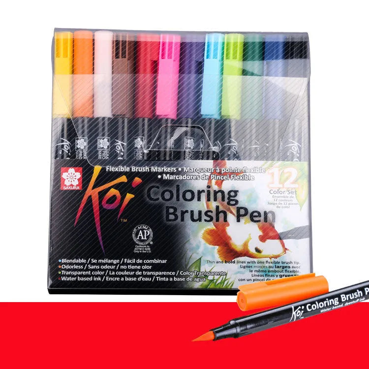 Set of water-based watercolour brush marker pens with soft flexible tips, shown in 12 colour selection.