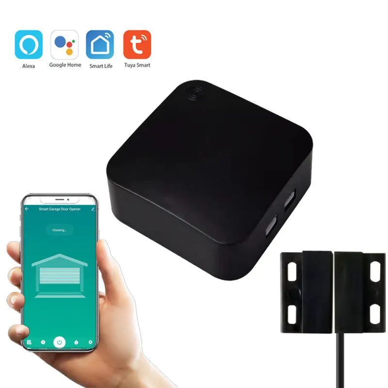 Black plastic wifi garage door controller with USB power port for remote smart home control