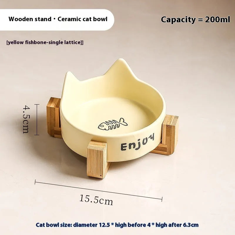 Porcelain cat bowl with cat ears rim and wooden anti-tumble frame in selected colour