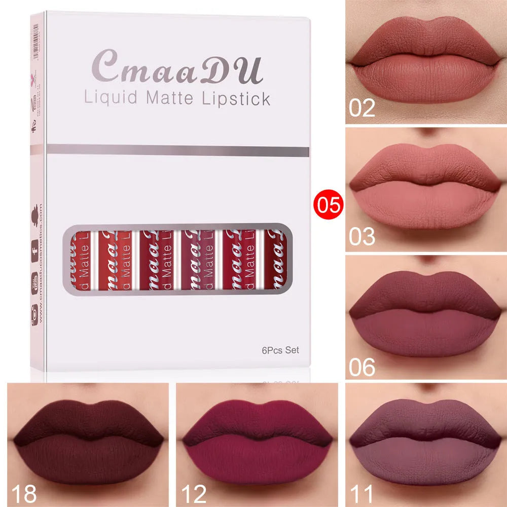 Set of six boxes containing matte finish, waterproof lip gloss tubes