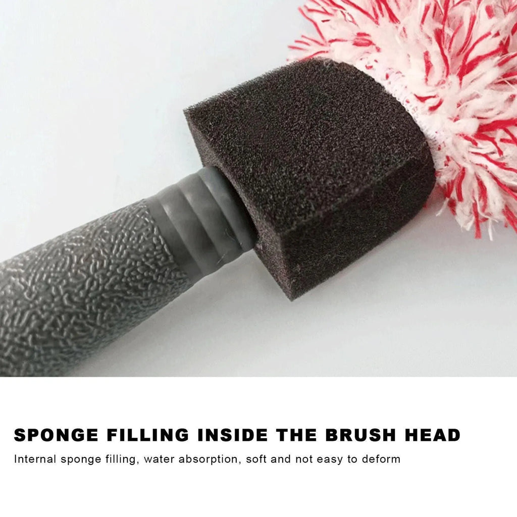Long handled car wash brush with blue ultra-fine fibre head for cleaning wheels and body panels.