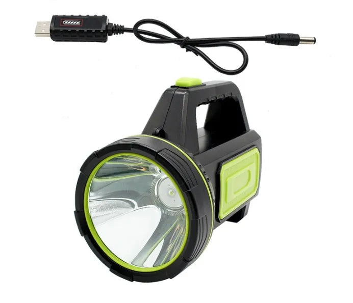 Green USB-rechargeable super bright LED flashlight showing size and design.