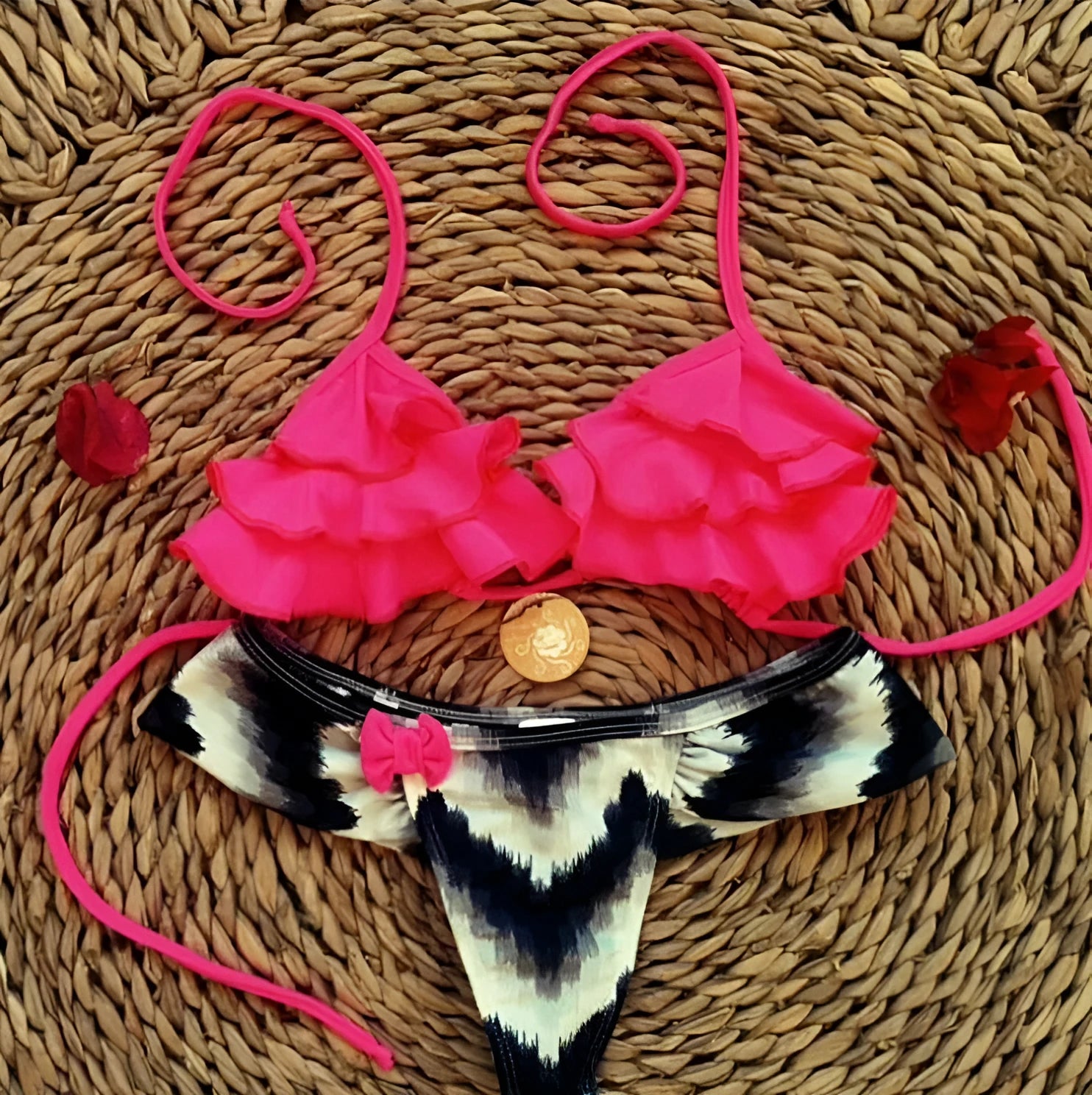 Brazil bikini suit with split design in black, rose red, white, and yellow colours