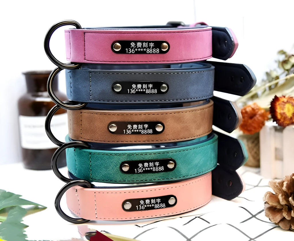 Dog collar made of soft microfiber leather with adjustable buttonhole, double D buckle, and painted alloy buckle in purple colour