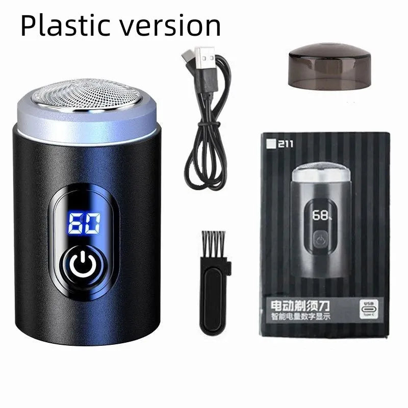 Black portable rechargeable shaver with USB charging cable and cleaning brush accessories