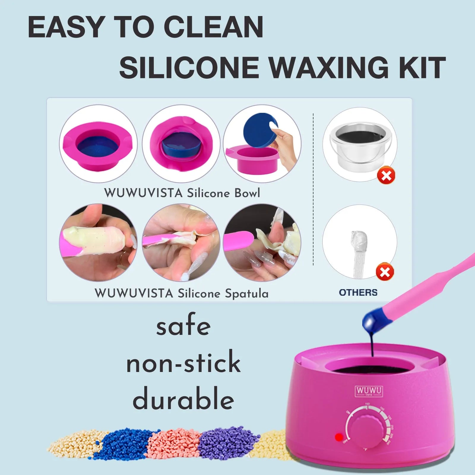Waxing kit with wax warmer, wax beans, applicator sticks, and lotion for facial and body hair removal