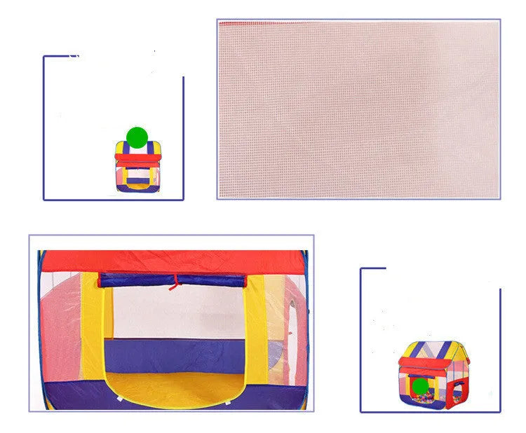 Large blue children's play tent with roll-up curtain in garden setting