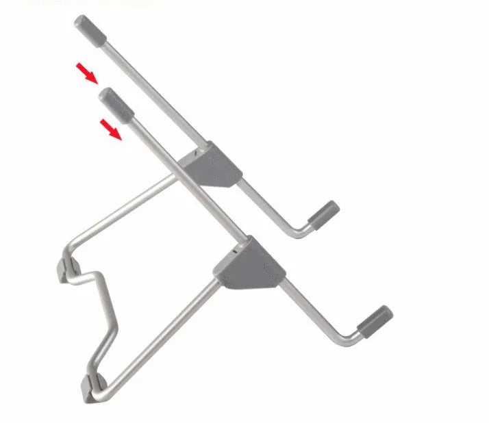 Grey foldable aluminium and plastic adjustable stand holding a mobile phone and a tablet at an angle.