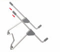 Grey foldable aluminium and plastic adjustable stand holding a mobile phone and a tablet at an angle.