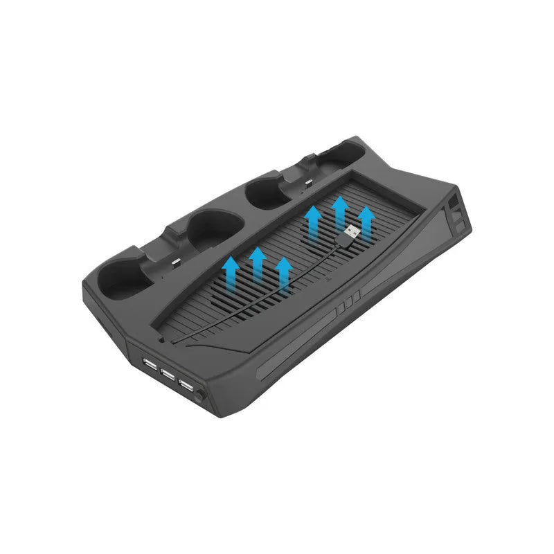 Black PS5 charging cooling base with two controller docks, three USB ports, and cooling fan for PlayStation 5 consoles
