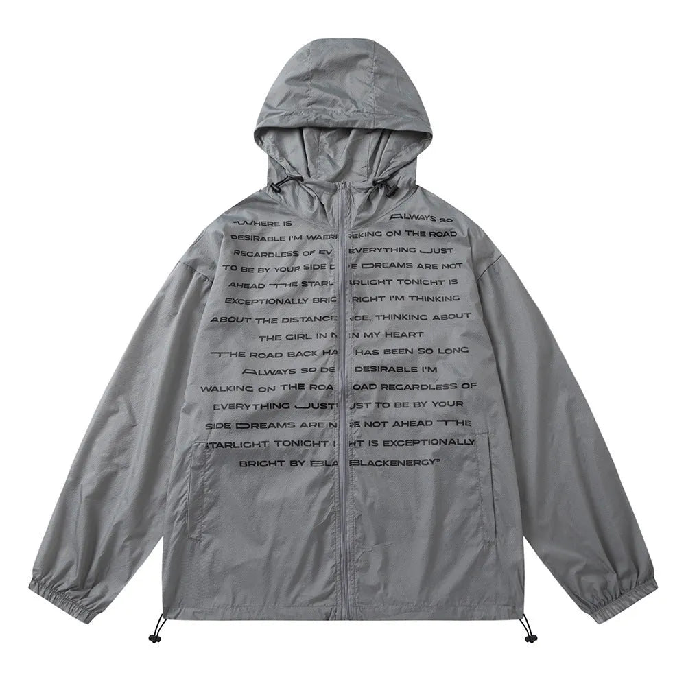 Men's nylon sun protection jacket with letter print, gray, front view, for leisure wear