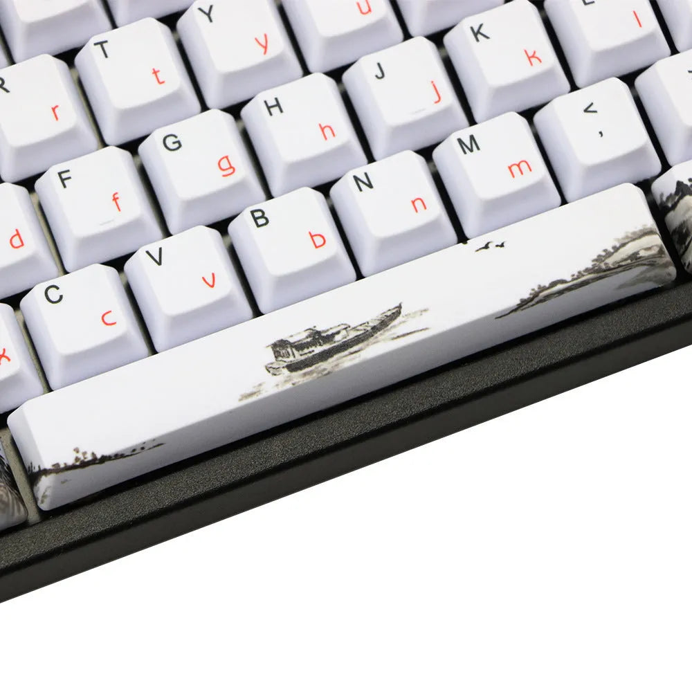 PBT Wangjiang Plum blossom theme keycap set for mechanical keyboards, showing five-sided sublimation printing.