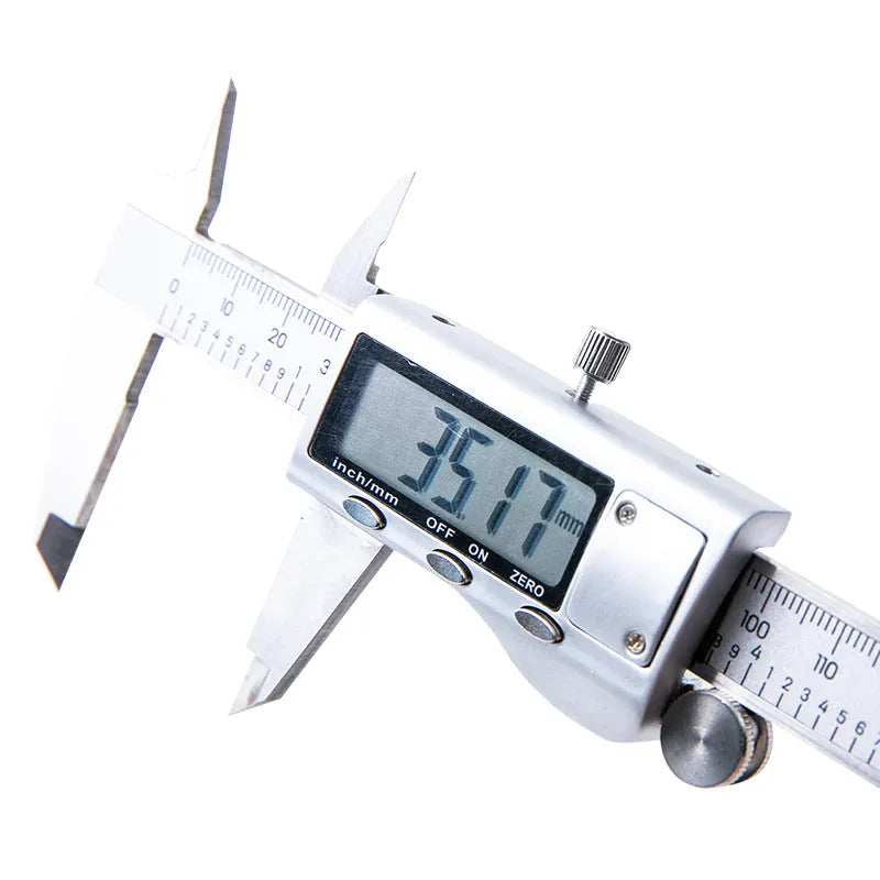 Deli stainless steel digital vernier caliper showing digital display and measuring jaws