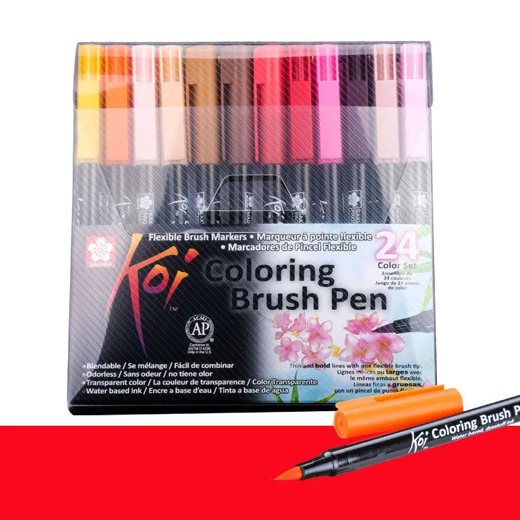 Set of water-based watercolour brush marker pens with soft flexible tips, shown in 12 colour selection.