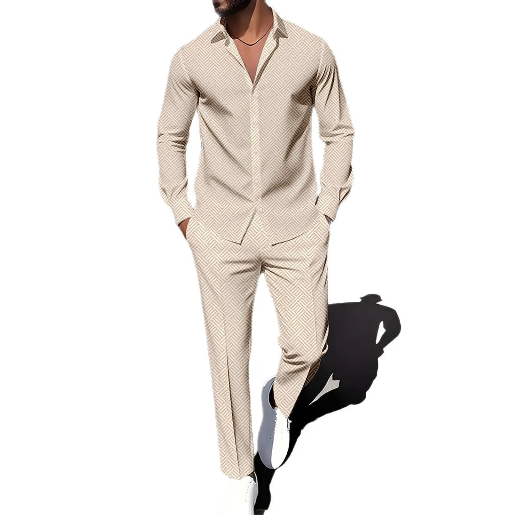 Men's plaid square grain print suit set with shirt-style jacket and trousers in navy blue