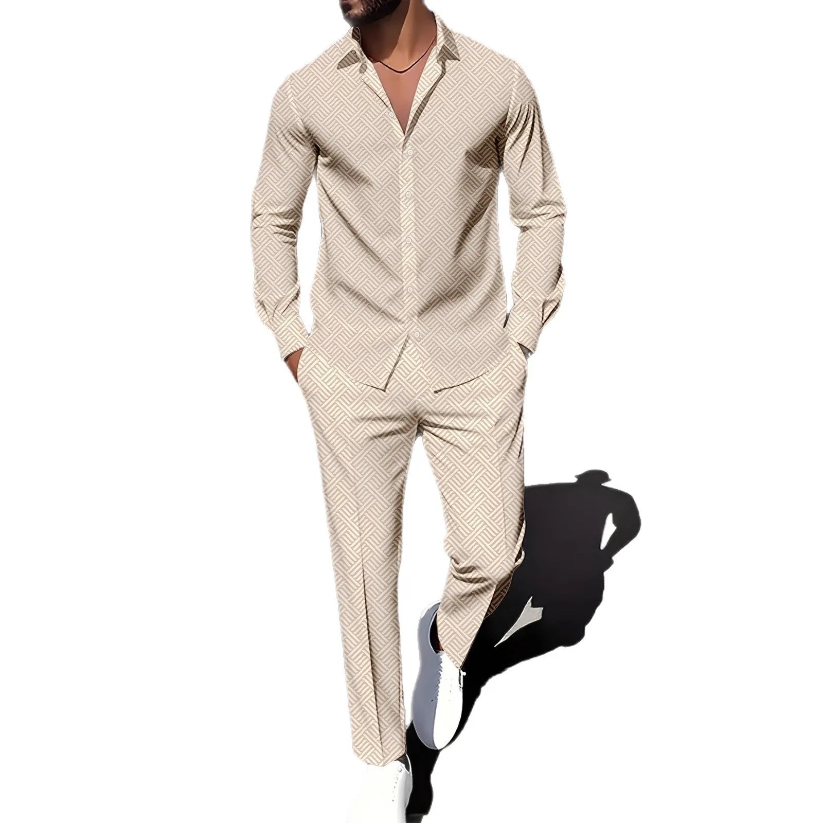 Men's plaid square grain print suit set with shirt-style jacket and trousers in navy blue