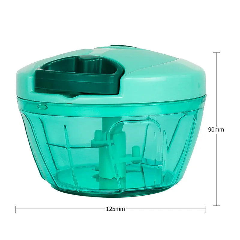 Green manual food chopper with three stainless steel blades and 500ml plastic container