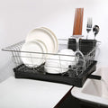 Stainless steel dish drying rack with black plastic drain board and cutlery holder