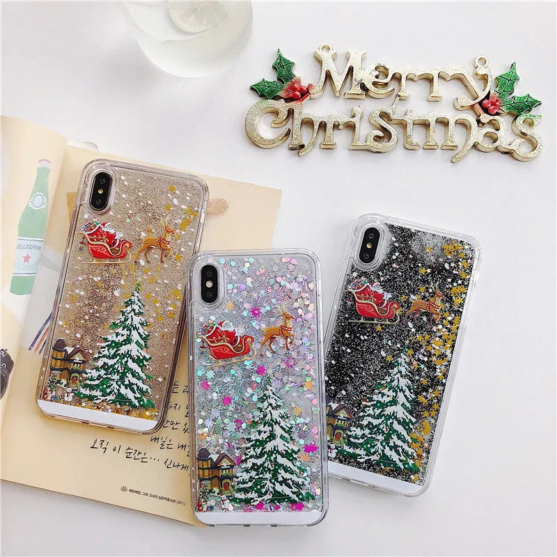 Quicksand effect transparent double-layer phone case for iPhone and Samsung models in various colours.