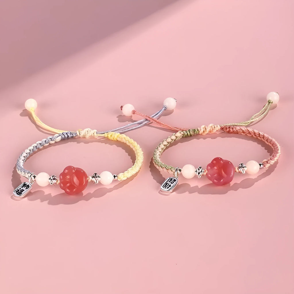 Red cat's paw woven couple bracelet with glass and coloured glaze in pastoral style