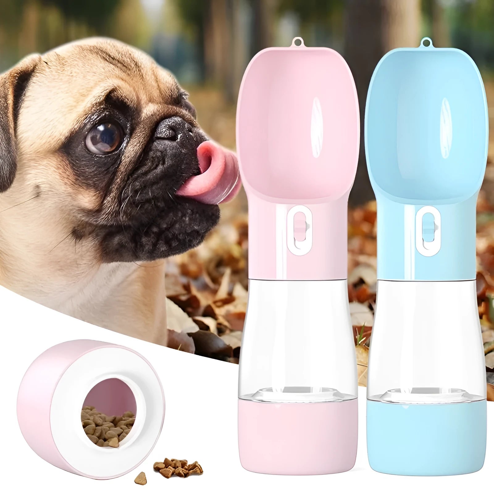Portable dog water dispenser with 258ml capacity and food container in pink, for outdoor walking and travel