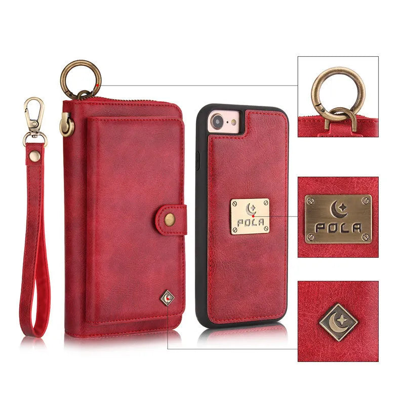 Multifunctional zipper wallet case for iPhone X and 6/7/8 Plus in black, with detachable inner shell, belt clip, card slot, and zip pocket.