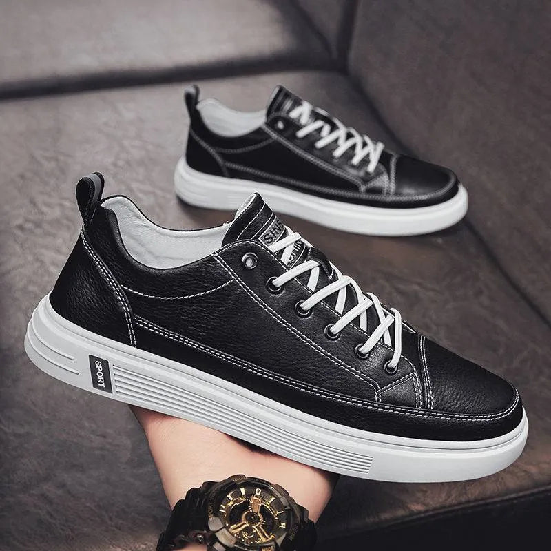 Men's white casual shoes with PU leather upper, round toe, and flat bottom low heel design