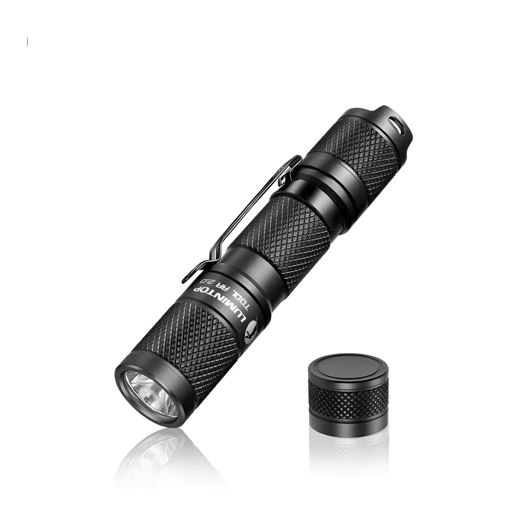 Lumintop Tool AA 2.0 black compact flashlight with magnetic tail cap and diffuser accessory
